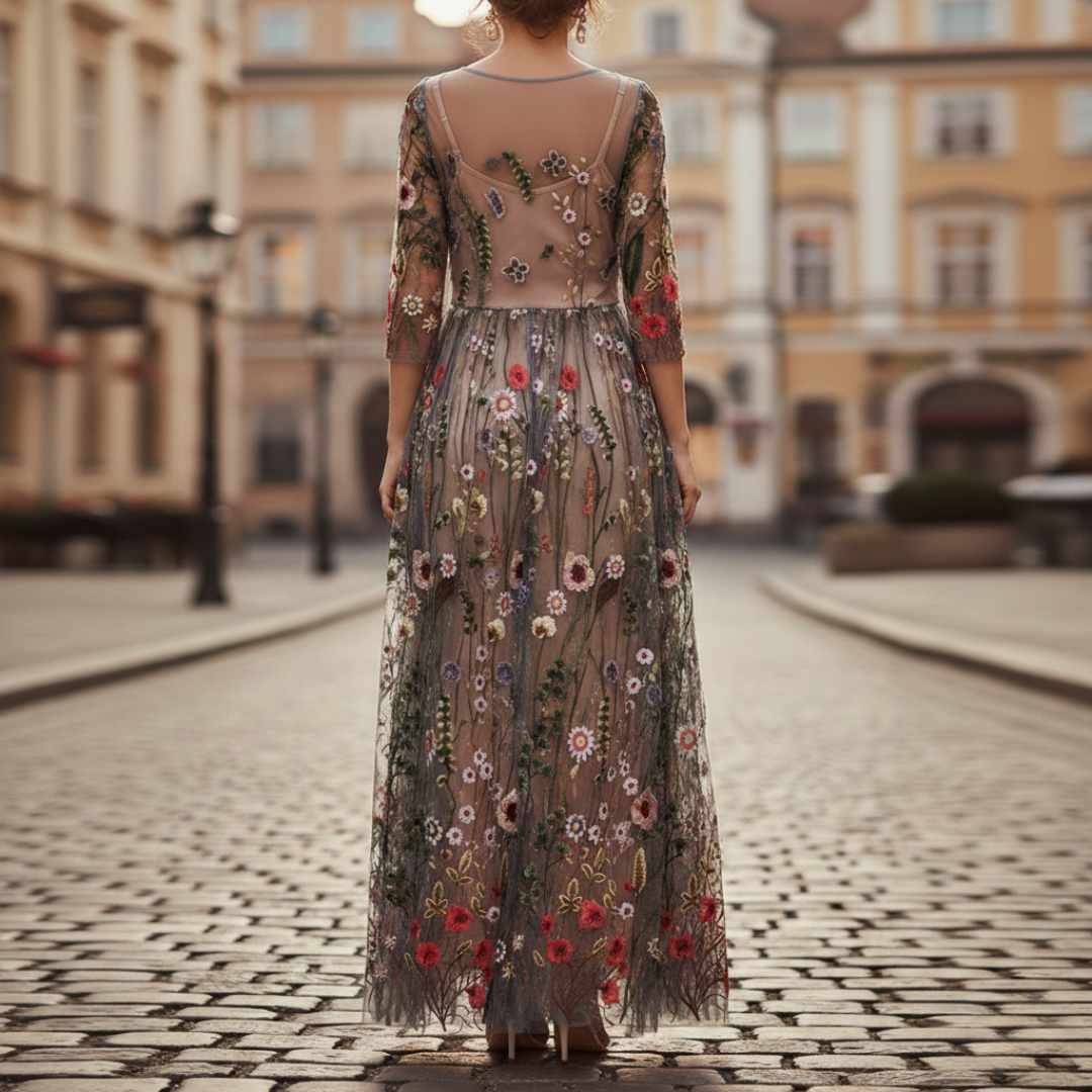 Women's black embroidered maxi dress, ideal for formal wear, evening events, and special occasions.