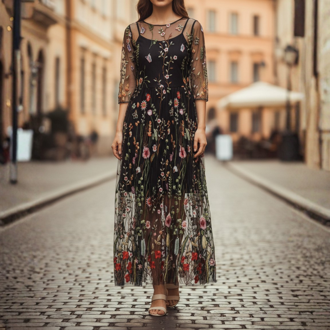 Exquisite embroidered black maxi dress for women, ideal for formal events and elegant evening wear.