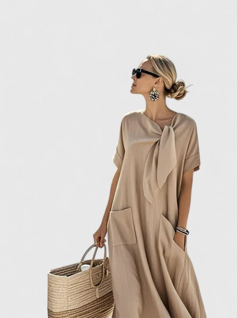 Brown elegant summer midi dress for women, effortless style. Versatile for casual chic, vacation, or day to evening events.