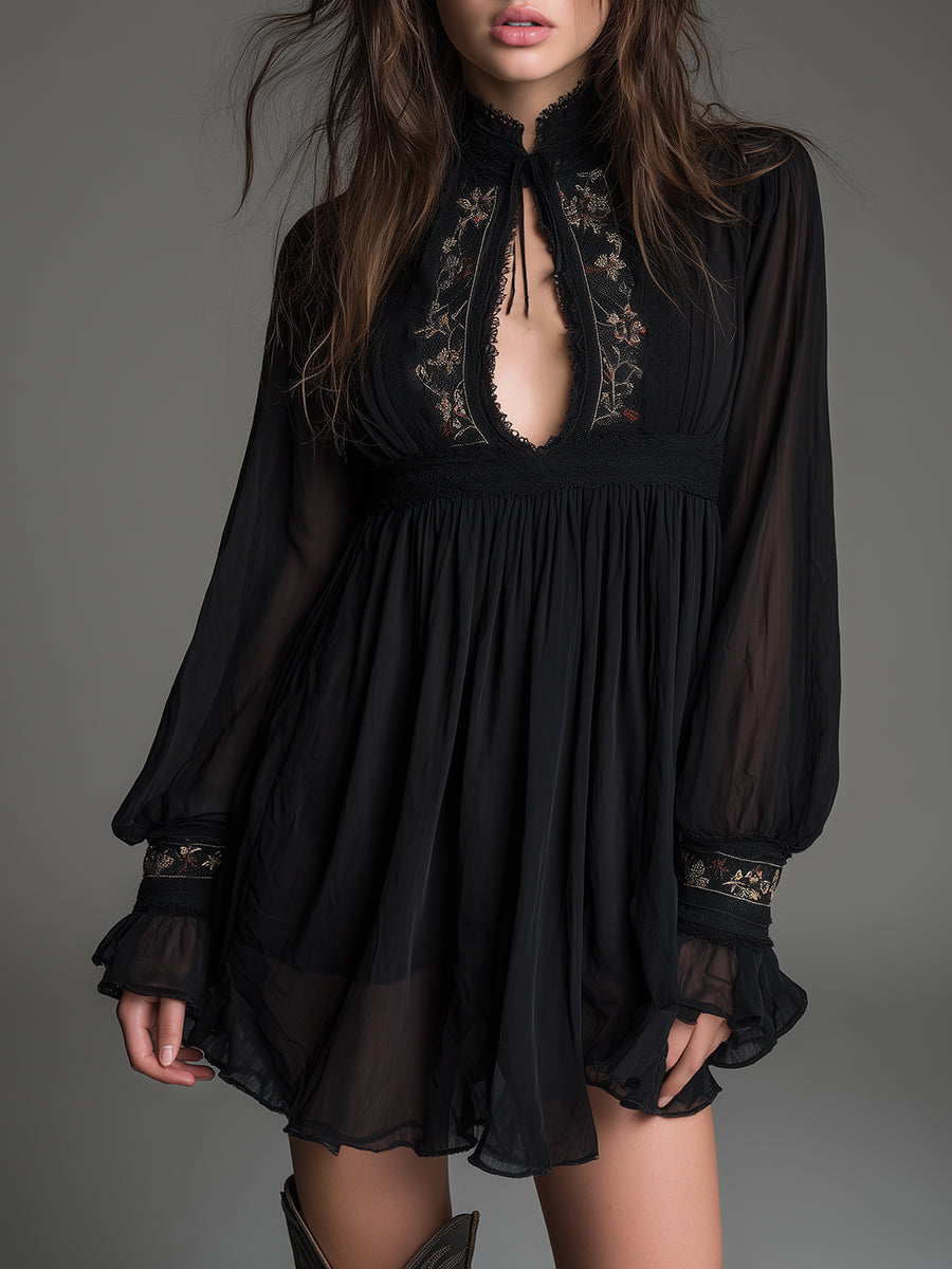 Elegant black babydoll mini dress for women, featuring a stylish keyhole neckline and flowy design.