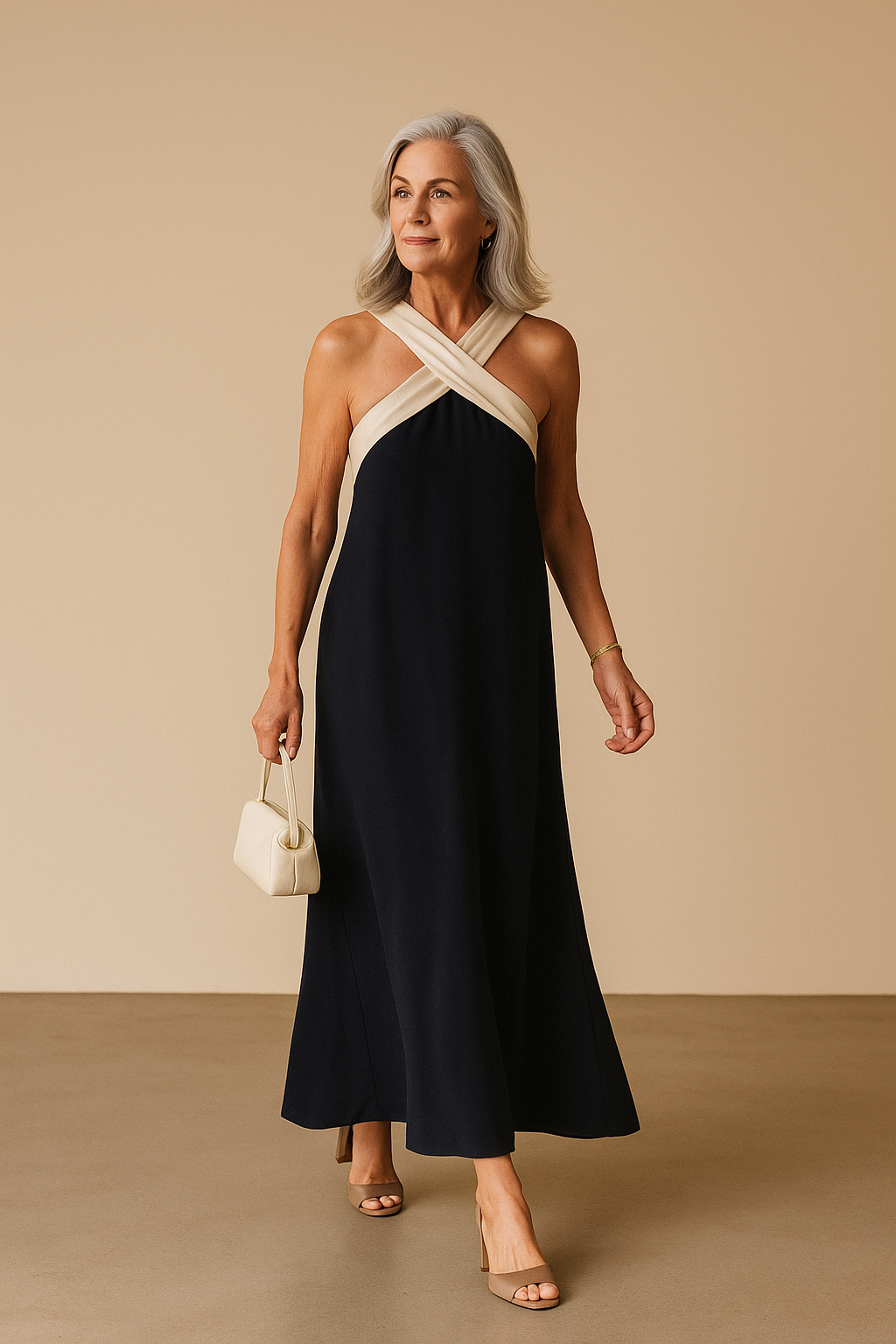 Elegant black cross-neck A-line summer dress for women, perfect for vacation or casual wear. Breezy & stylish.