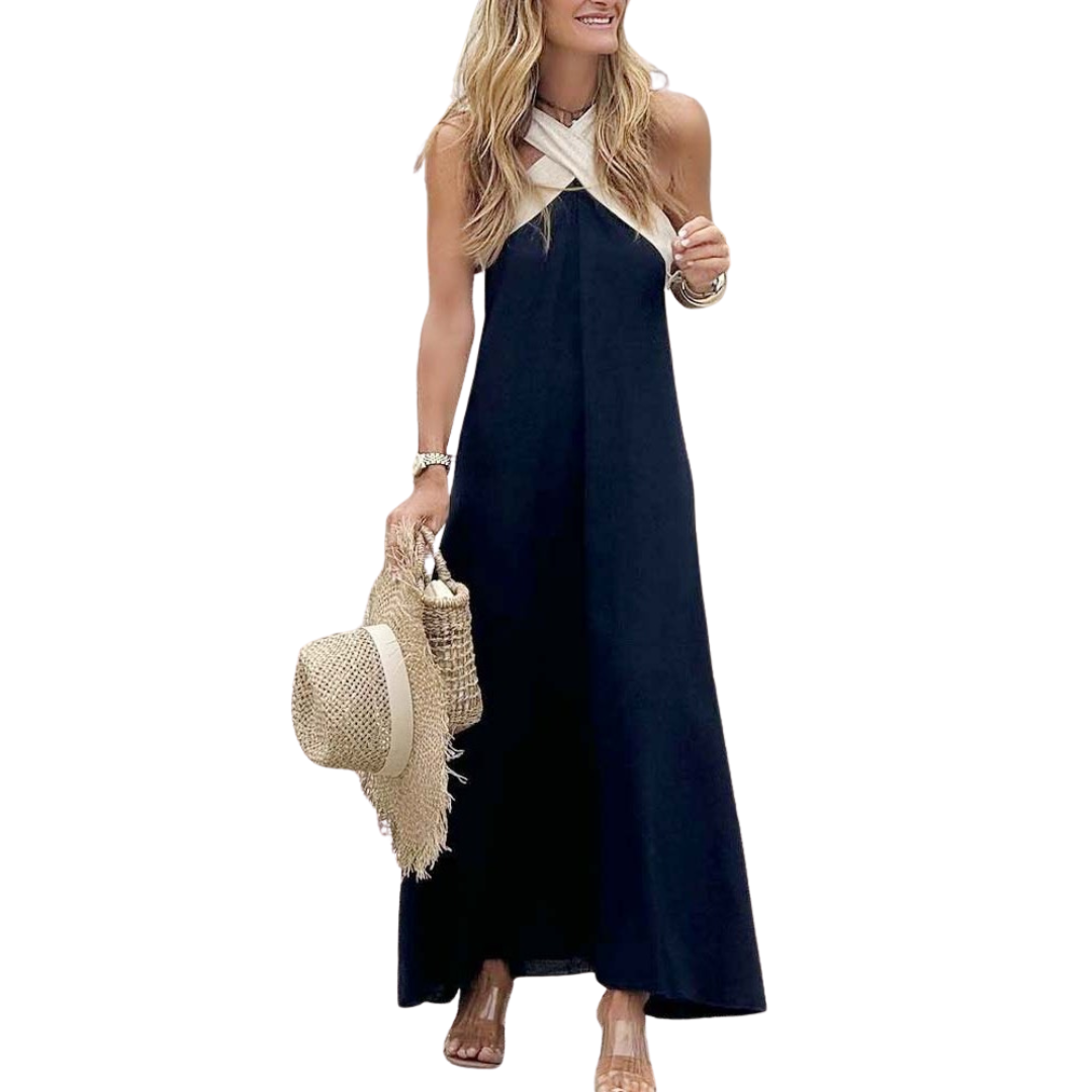 Breezy black cross-neck summer dress, an elegant sleeveless A-line design for stylish women's fashion.