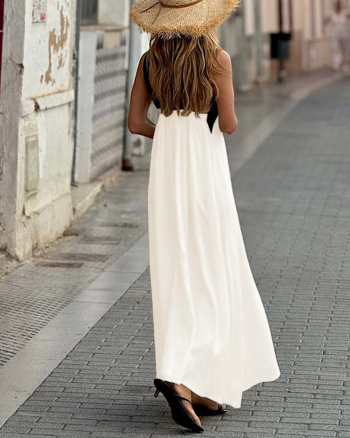 Comfy white cross-neck summer dress for women, a stylish A-line vacation dress. Perfect for casual wear.