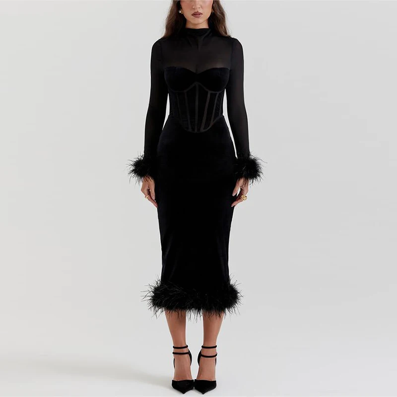 Elegant black feather midi dress for women, perfect for parties & cocktails. Chic statement fashion.
