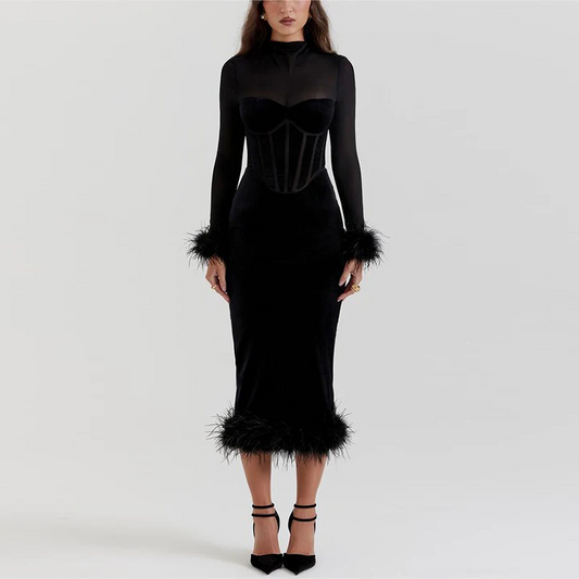 Elegant black feather midi dress for women, perfect for parties & cocktails. Chic statement fashion.