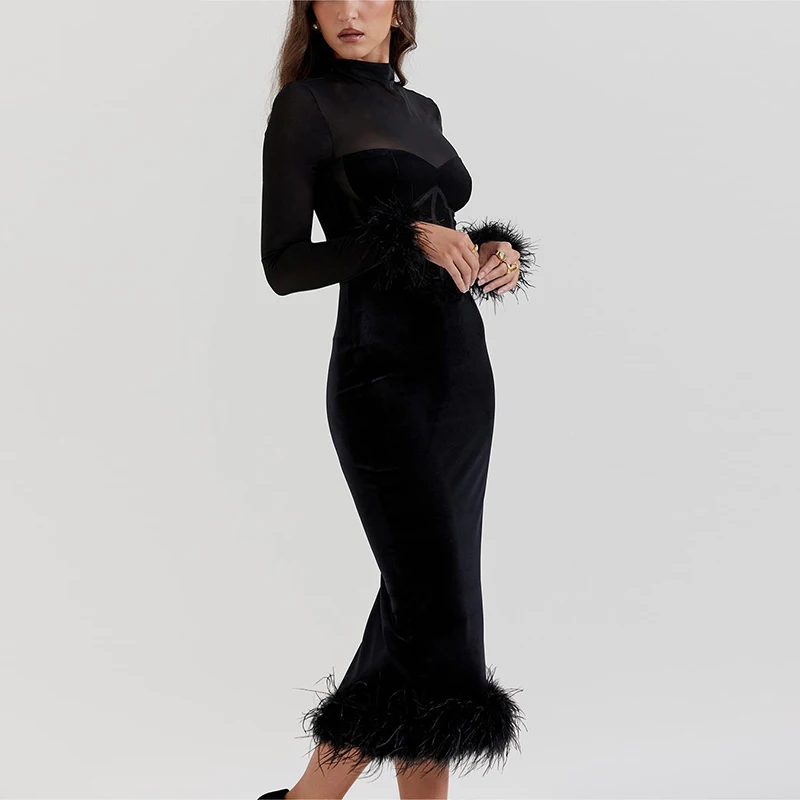 Women's chic feather midi dress, ideal for elegant evening events & special occasions. Standout party wear.