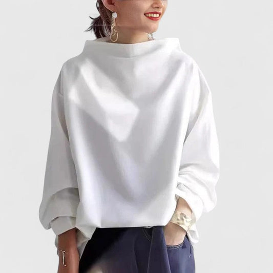 Elegant black high-neck long-sleeve women's top. Sophisticated & comfortable classic style for versatile wear.