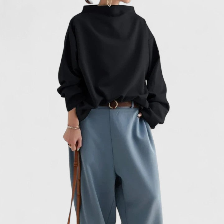 Classic white high-neck long-sleeve top for women. Elegant & comfortable style, versatile for all seasons.