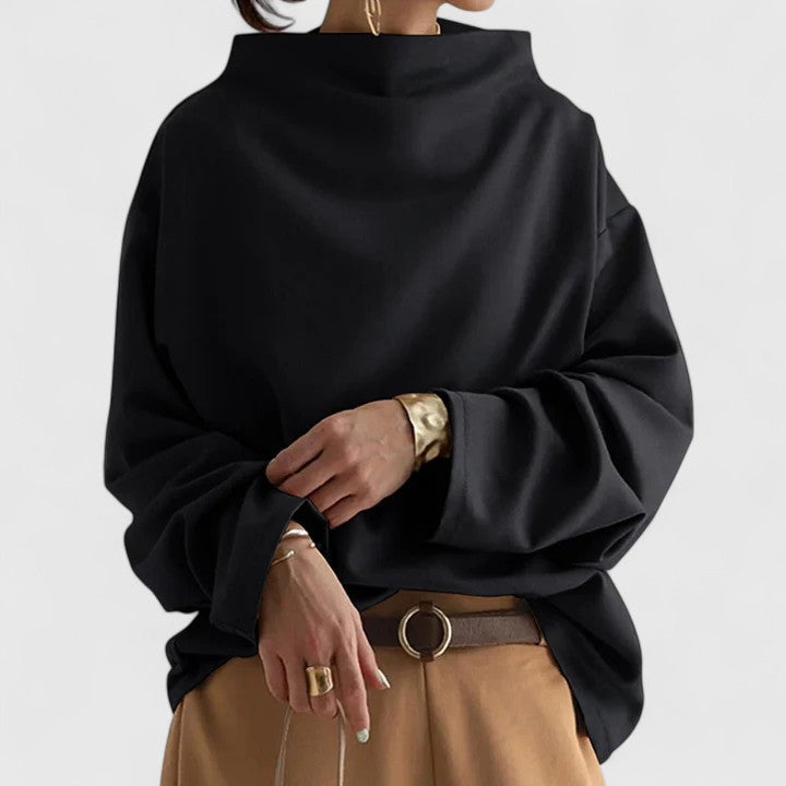 Women's elegant high-neck long-sleeve top. Sophisticated black top, comfortable for versatile classic style.