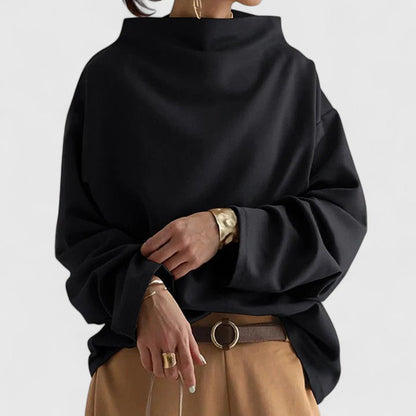 Women's elegant high-neck long-sleeve top. Sophisticated black top, comfortable for versatile classic style.