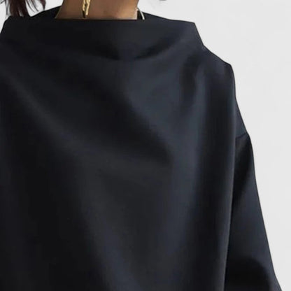 Black high-neck long-sleeve women's top. Elegant, comfortable & sophisticated classic style for versatile outfits.