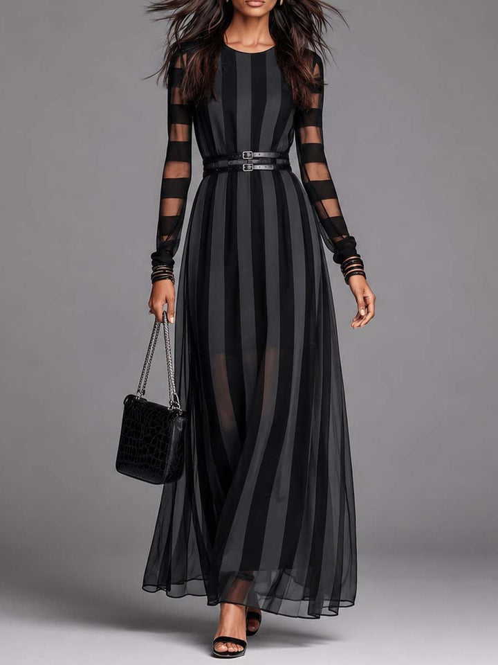 Elegant black maxi dress for women with sheer stripe long sleeves, perfect for formal evening or special occasions.