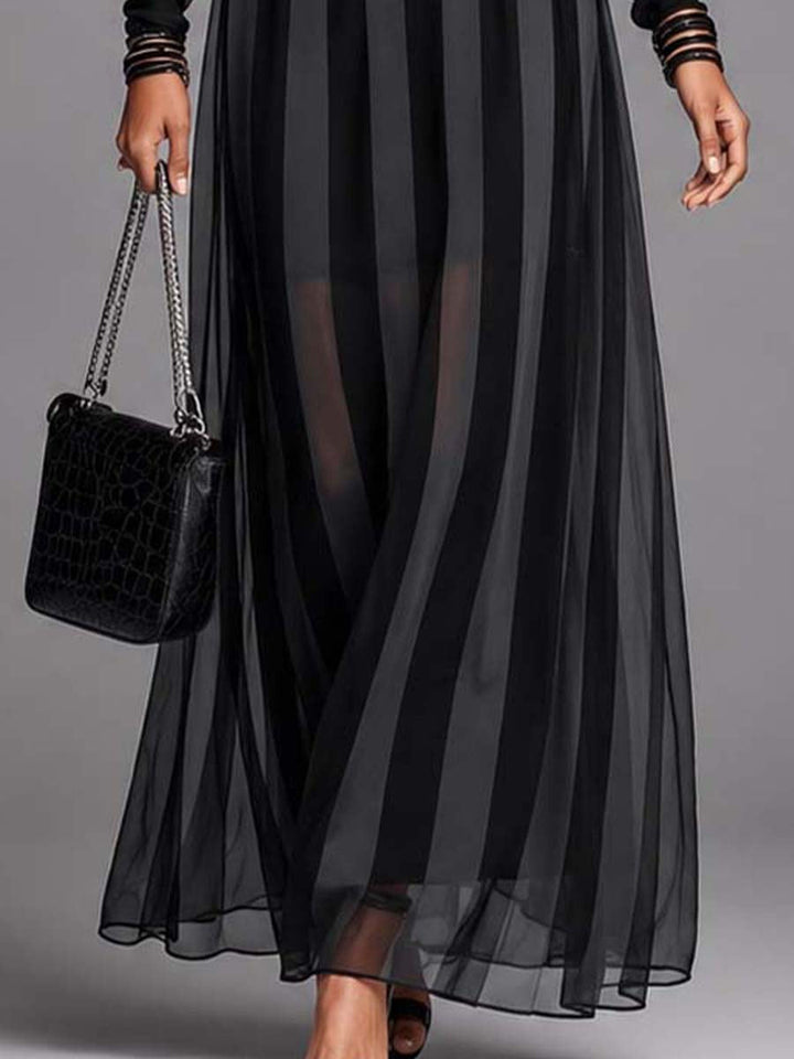Stylish black maxi dress for women, with sheer long sleeves, suitable for cocktail parties or formal events.