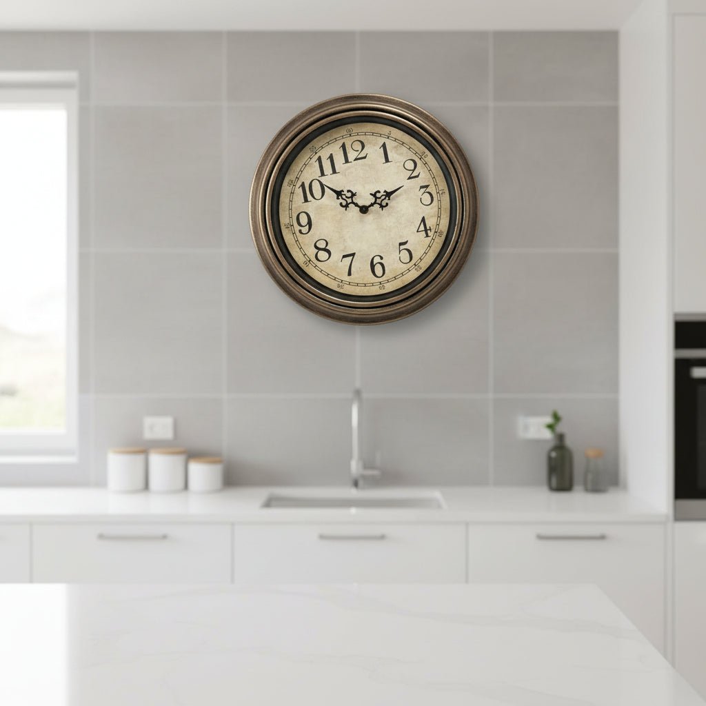 Timeless classic wall clock with silent operation, decorative metal and glass design for elegant living room decor.
