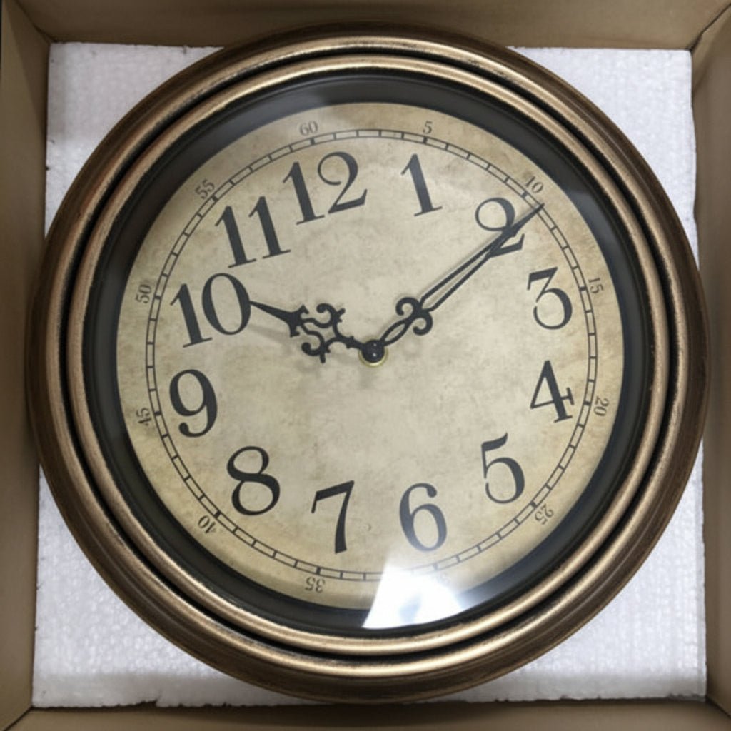 Stylish round wall clock, silent and modern, featuring a durable metal frame. Perfect for office or home decor.