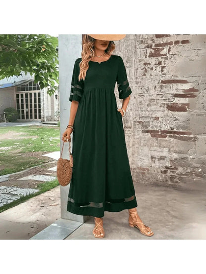 Versatile women's midi dress in a flowy red fabric, offering elegant tummy coverage and a comfortable, flattering silhouette.