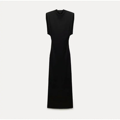Sophisticated black midi dress for women. This elegant evening dress offers timeless style for formal or semi-formal events.