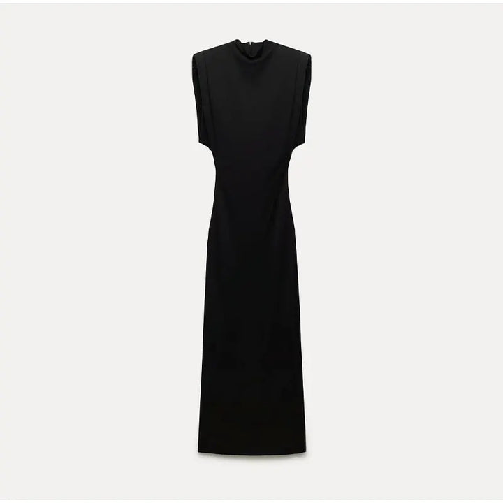 Sophisticated black midi dress for women. This elegant evening dress offers timeless style for formal or semi-formal events.