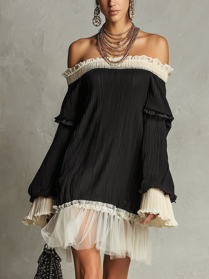 Elegant black off-shoulder ruffle mini dress for women. Perfect for parties, date nights, and evening events.