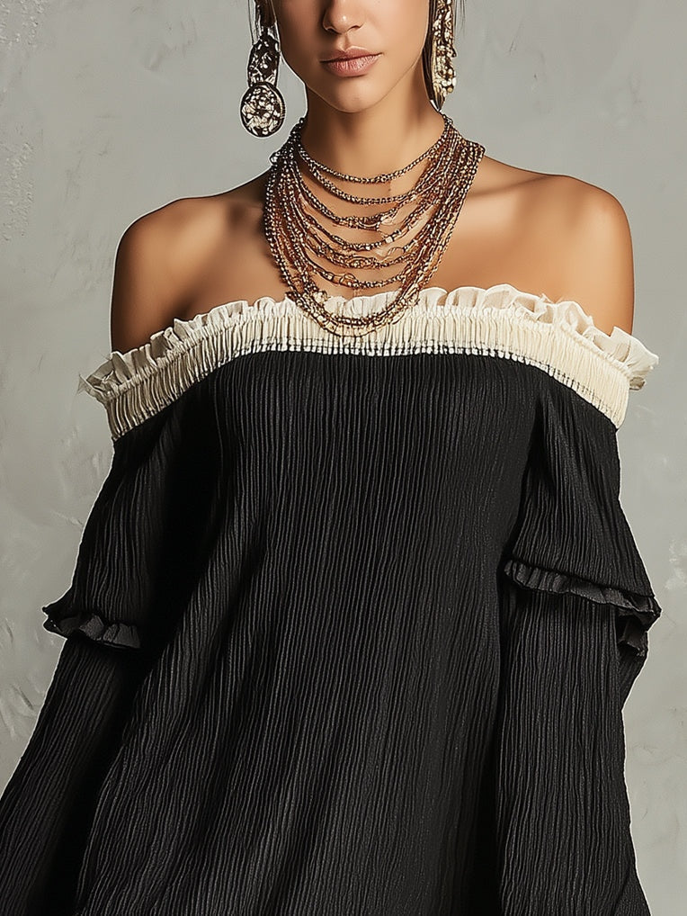 Women's short black off-shoulder ruffle dress, a sophisticated choice for date night or any special party event.