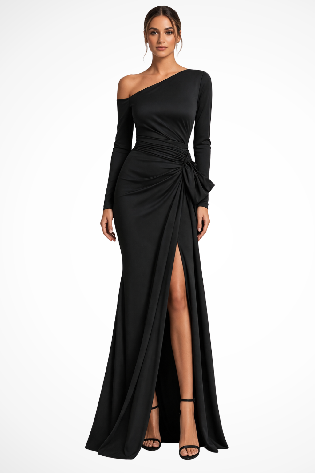 Elegant black one-shoulder maxi dress with a sophisticated slit, perfect for evening events & formal occasions.