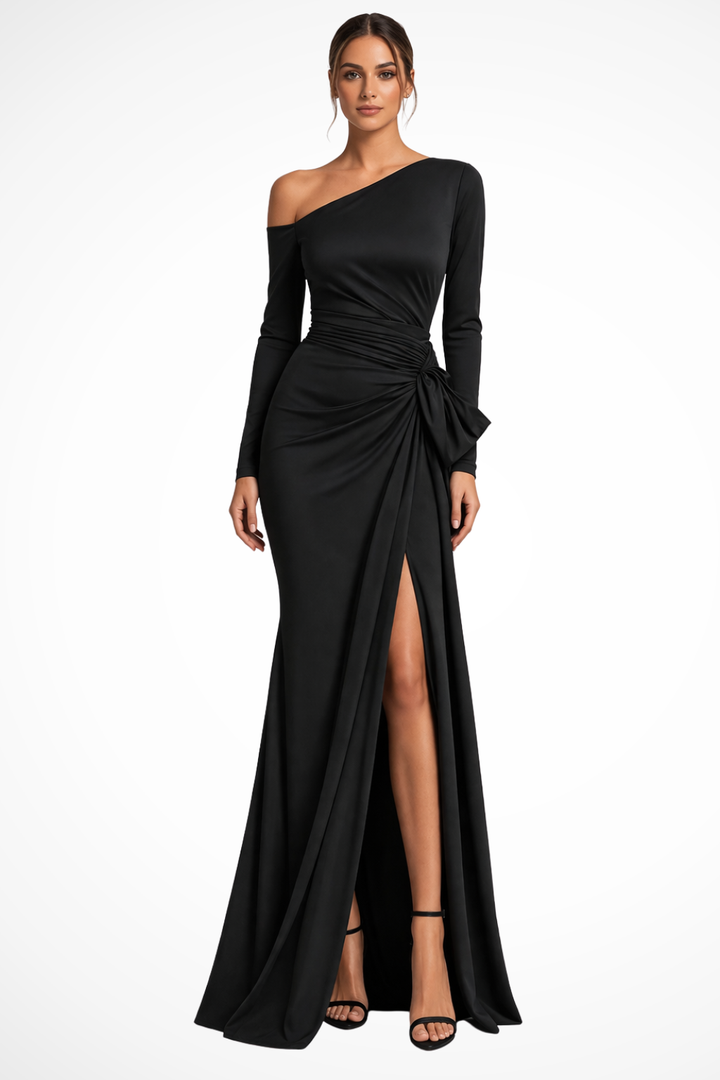 Elegant black one-shoulder maxi dress with a sophisticated slit, perfect for evening events & formal occasions.