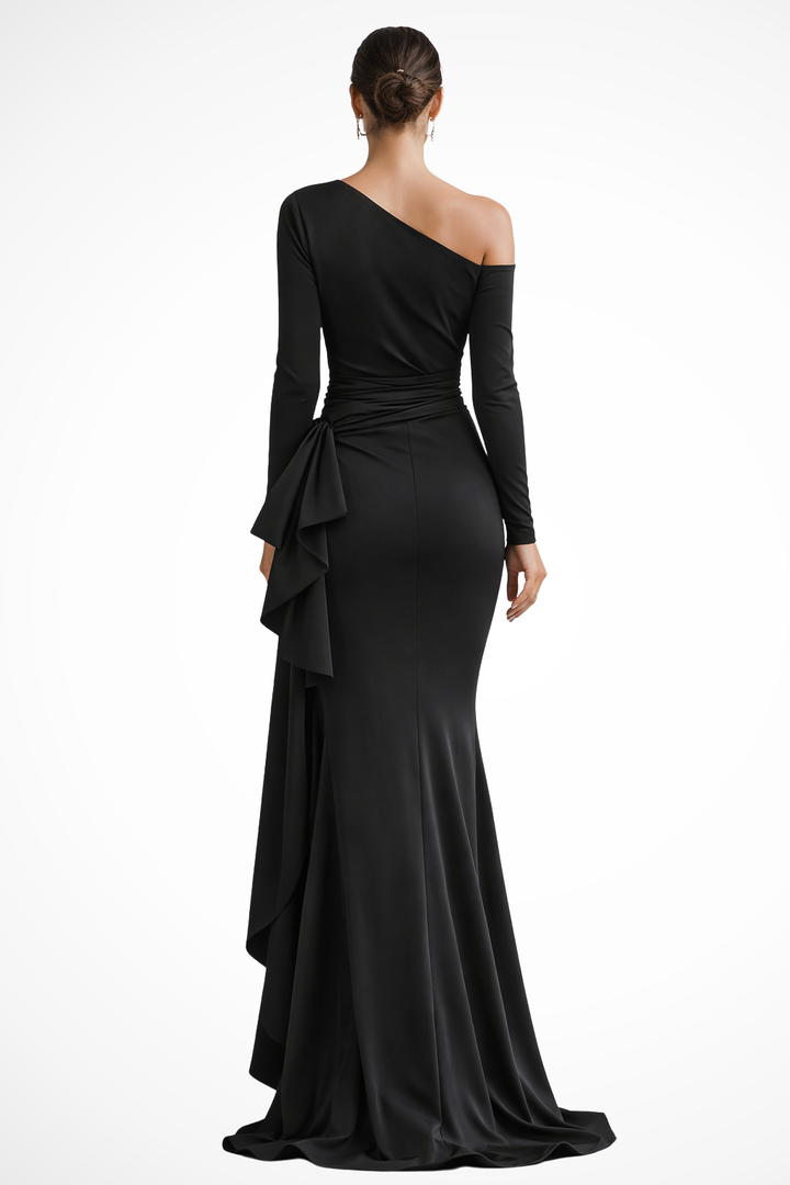 Women's formal one-shoulder evening gown with a flattering maxi length & stylish leg slit, ideal for parties.