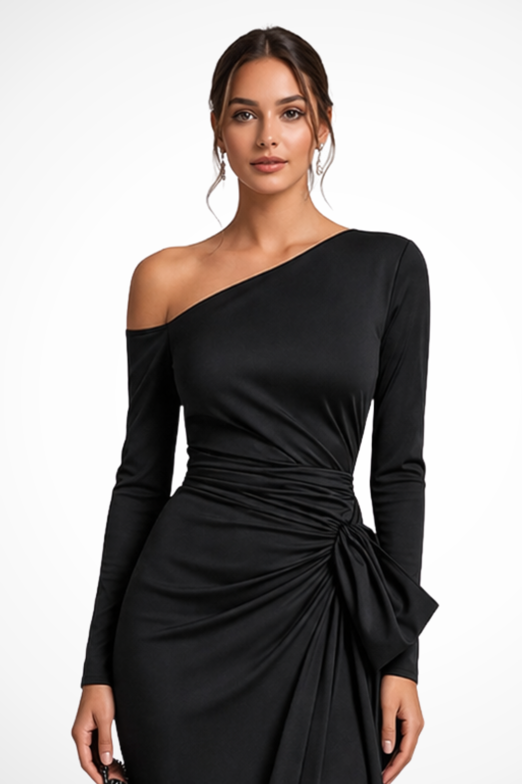 Black elegant one-shoulder maxi dress, a stylish party dress or wedding guest gown with a graceful slit.
