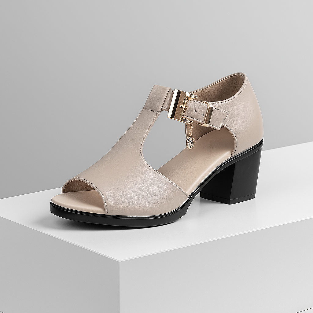 Elegant black open-toe block heels for women, featuring a stylish ankle buckle. Perfect for evening wear.