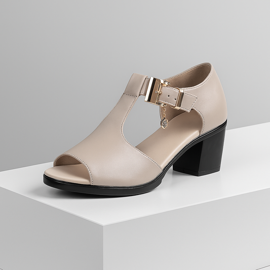 Elegant black open-toe block heels for women, featuring a stylish ankle buckle. Perfect for evening wear.