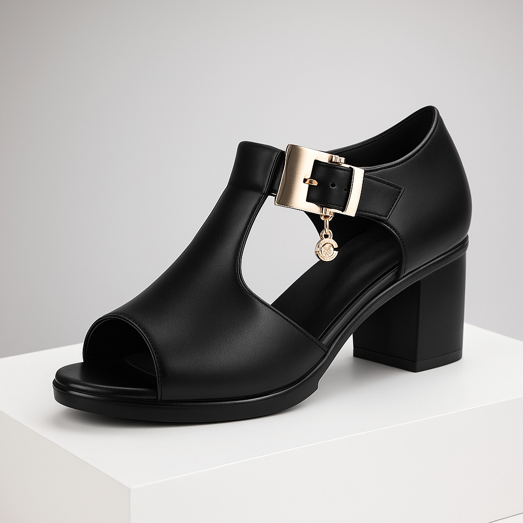 Chic gray women's block heels with an elegant ankle buckle and comfortable open toe design.