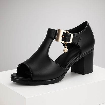 Chic gray women's block heels with an elegant ankle buckle and comfortable open toe design.