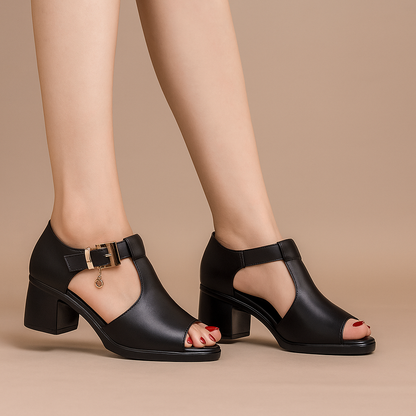 Comfortable elegant gray buckle block heels, ideal for women's evening events and formal wear.