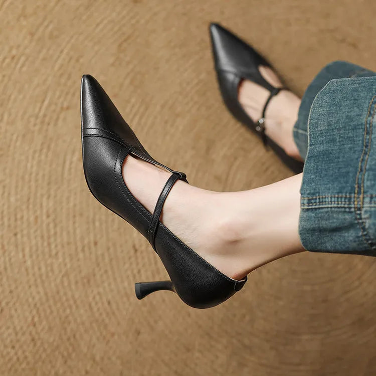 Chic brown T-strap buckle heels, comfortable and stylish versatile footwear for women.