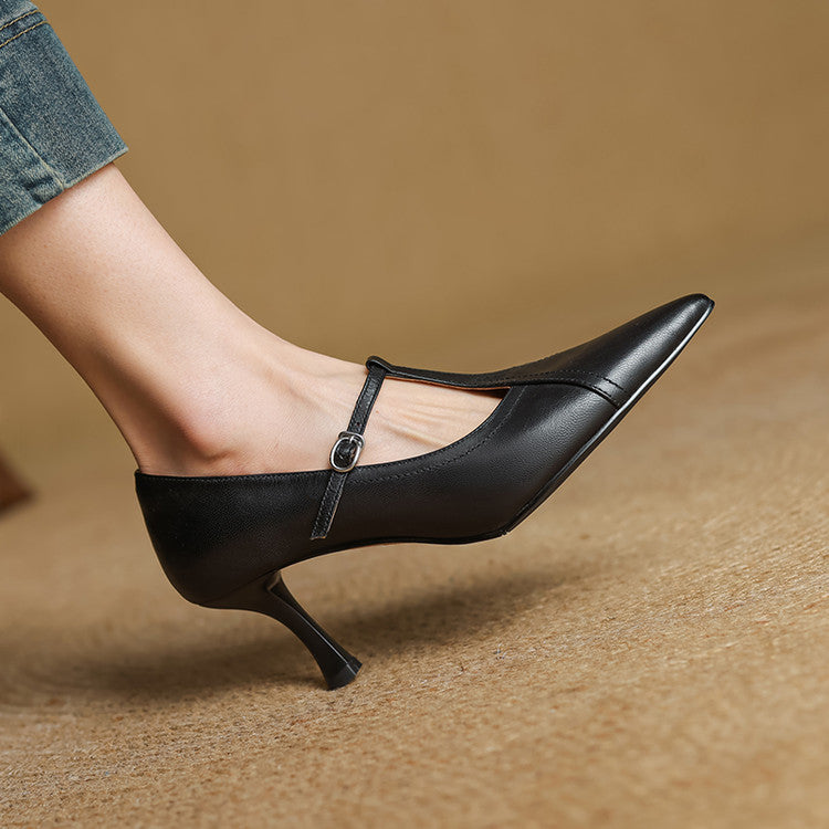 Sophisticated black T-strap heels, women's dress shoes for formal or party looks.