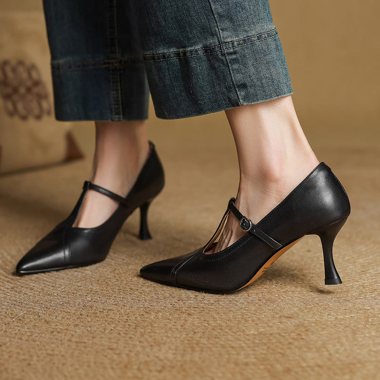Versatile brown T-strap comfortable heels, perfect mid-heel buckle shoes for women.