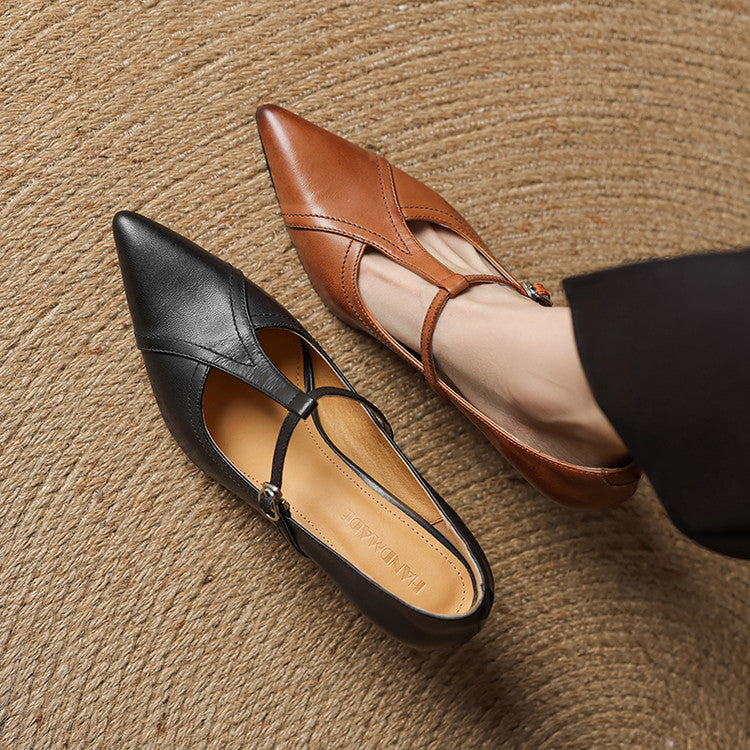 Brown T-strap party heels for women, stylish mid-heel dress shoes with a buckle accent.