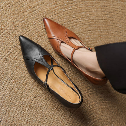 Brown T-strap party heels for women, stylish mid-heel dress shoes with a buckle accent.