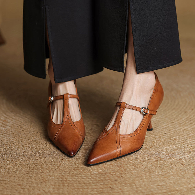 Sophisticated brown T-strap heels, a versatile choice for parties and elegant outfits.