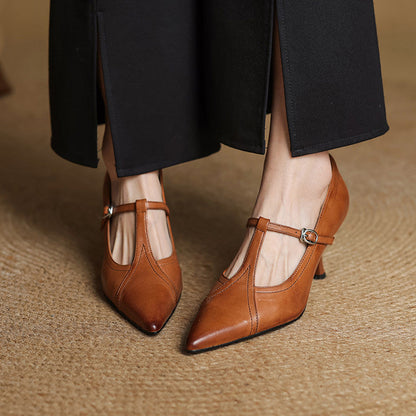 Sophisticated brown T-strap heels, a versatile choice for parties and elegant outfits.