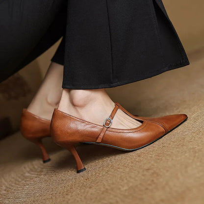Women's comfortable T-strap mid-heel shoes with a chic buckle, ideal for all-day wear.