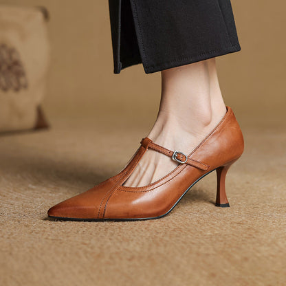Confident style: Women's T-strap buckle heels, comfortable mid-heel dress shoes.