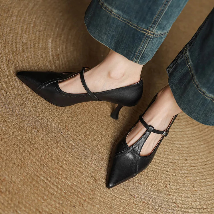 Brown T-strap formal heels, versatile women's dress shoes with a comfortable mid-heel.