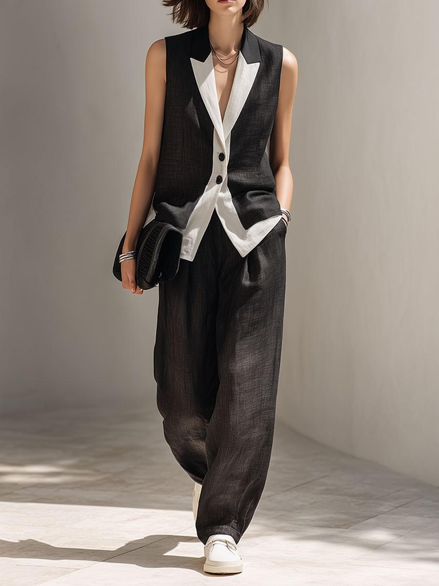 Elegant black two-piece set for women: tailored vest top and high-waisted wide-leg pants. Perfect for chic events.