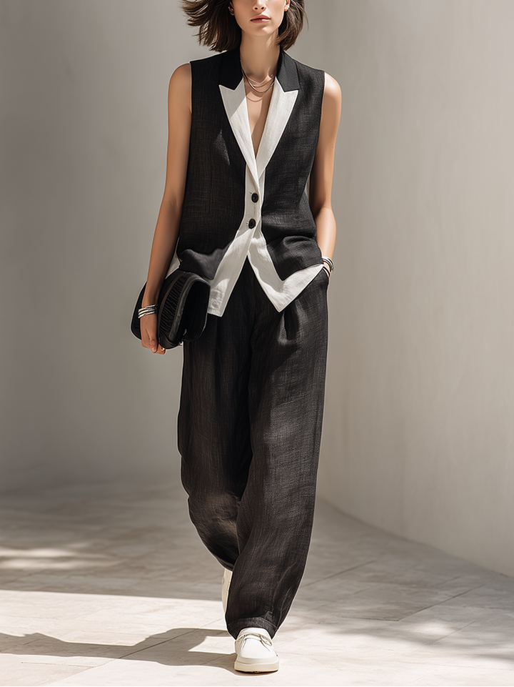 Modern women's black two-piece set: sleeveless vest and full-length wide-leg pants, offering an elegant, versatile look.