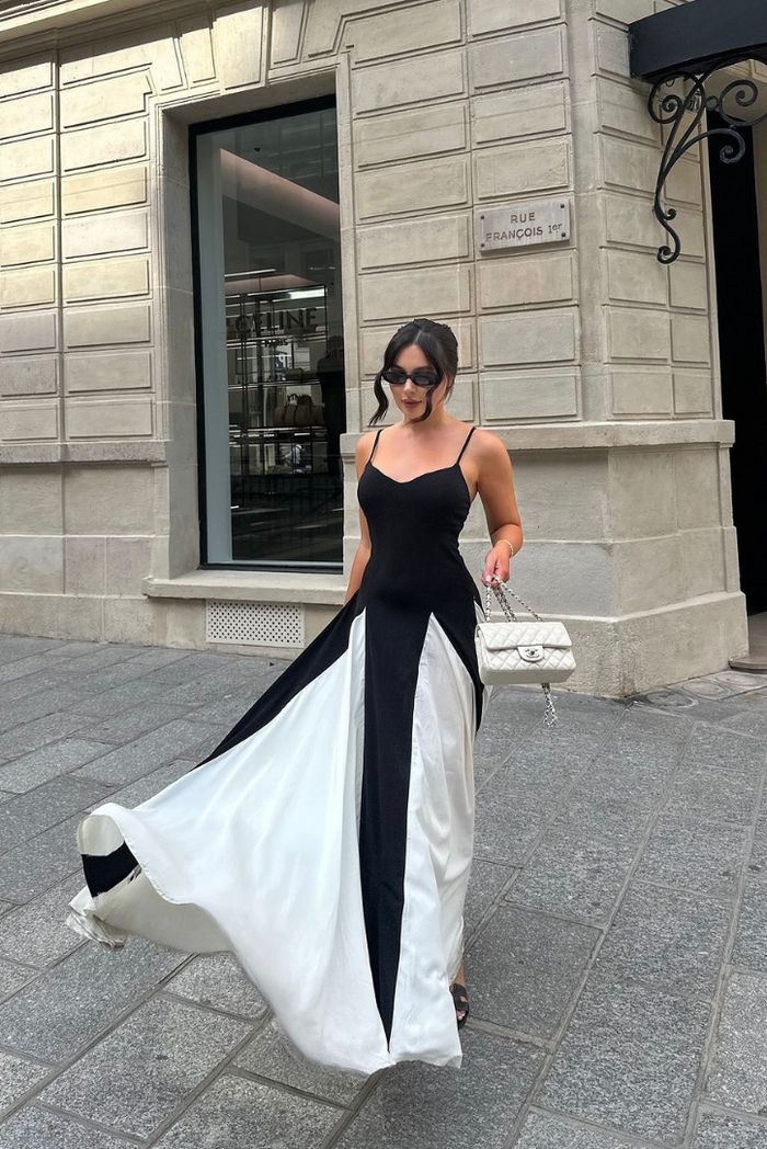 Versatile black & white contrast maxi dress, perfect evening gown for weddings, galas, and parties.