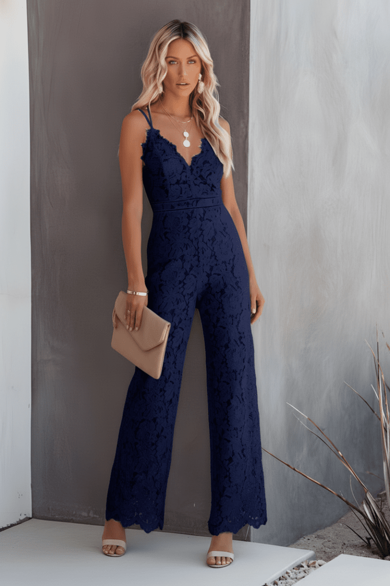 Sophisticated women's wide-leg jumpsuit, a chic party outfit for special occasions and formal evening wear. Modern elegance.
