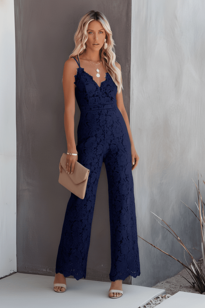 Sophisticated women's wide-leg jumpsuit, a chic party outfit for special occasions and formal evening wear. Modern elegance.