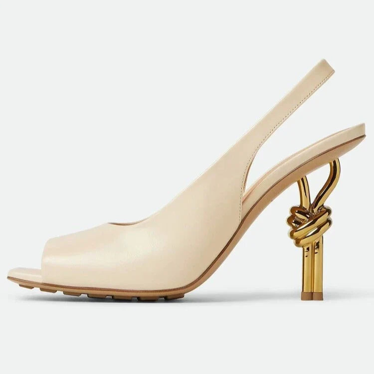 Stylish women's slingback high heels (black, brown, beige) with elegant chain detail, sophisticated party & dress shoes.