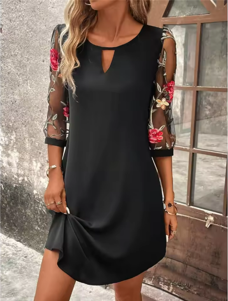 Elegant black women's V-neck floral dress with sheer sleeves, a flattering fit for parties & special occasions.